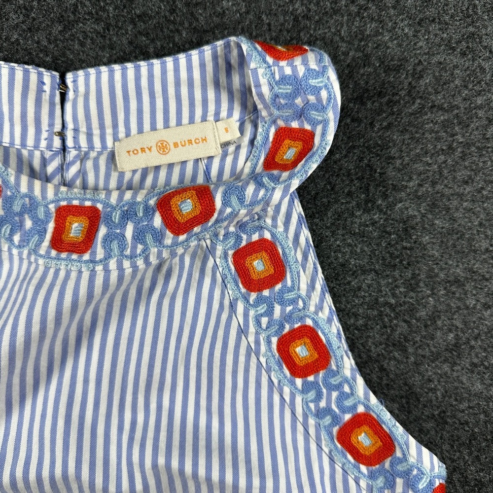 Tory Burch Meg Stripe Embroidered Top Sz SM Cropped Floral Blue White Preppy - Picture 2 of 6